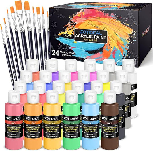 GOTIDEAL Acrylic Paint Set, 24 Colors (100ml, 3.4 oz), with Paint Brushes | Paint Kit, Perfect for Artist, Beginner, Ideal for Wood, Canvas, Rocks, Craft Painting Supplies