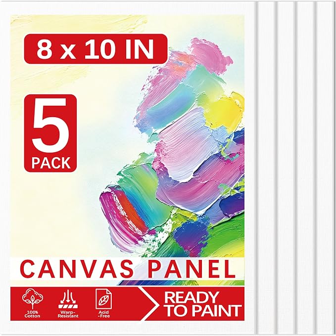 8x10 Canvas Boards for Painting, Primed Cotton Panels, 5 Pack | Pre-Primed Acid-Free Cotton Anvas. for Acrylic, Oil, Watercolor, Gouache & Tempera. Ideal for Students, Artists and Beginners