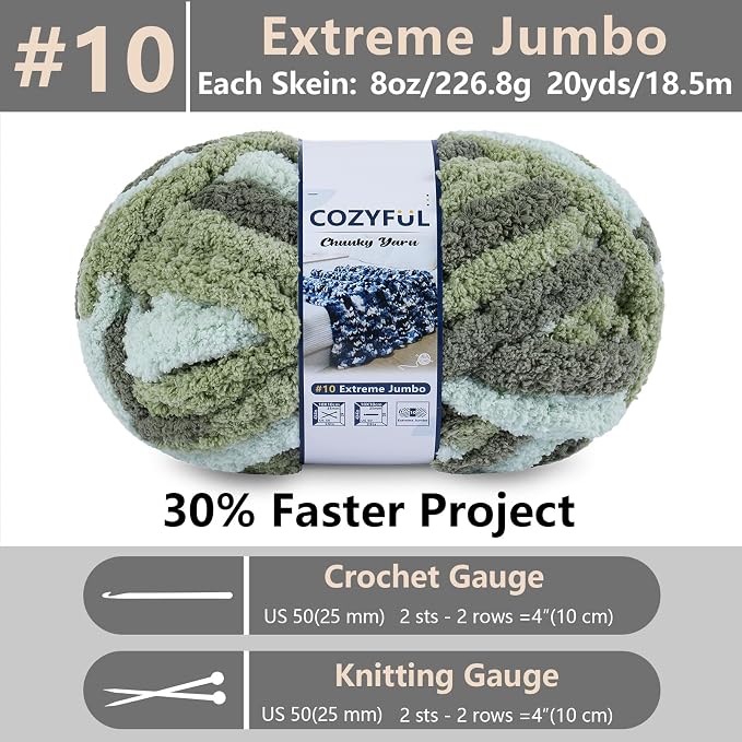 Cozyful Chunky Yarn for Hand Knitting - #10 Chunky Chenille Blanket Yarn, Jumbo Big Thick Chunky Yarns for Crocheting, Tie Dye Bulky Knit Yarns, 8 Skein (20 yds 8 oz Each Skein), Forest & Sage & Mint