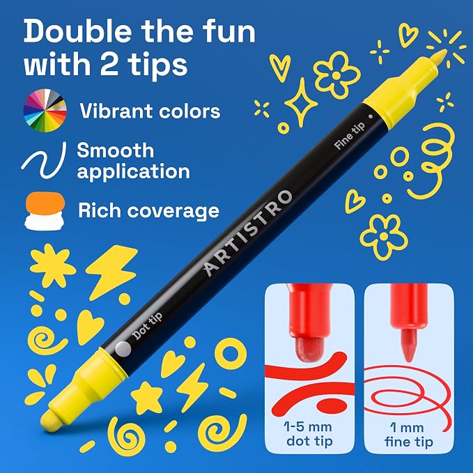 ARTISTRO Dual-Tip Acrylic Paint Marker Pens - Set of 36 | For Fabric, Rock, Glass, Wood, & Coloring Books, Arts & Crafts Gift, Classroom Must Haves & School Supplies (Dot & Fine Tips)