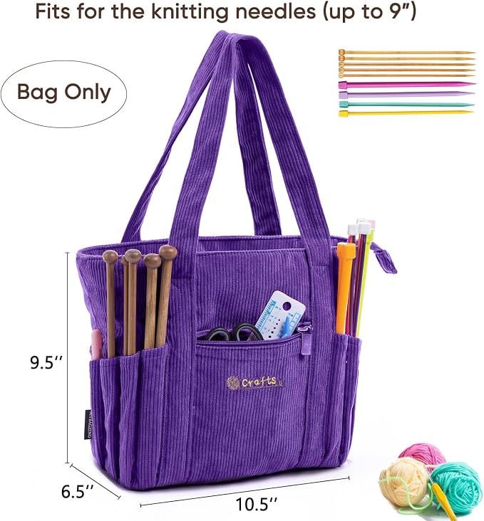 MYBAGZING Crochet Bag and Tote - Corduroy Yarn Bag - Yarn Holder for Crocheting - Crochet Storage Bag for Crochet Hooks, Crochet Accessories, Knitting Bag for Crochet Lovers, Mother's Day Gift