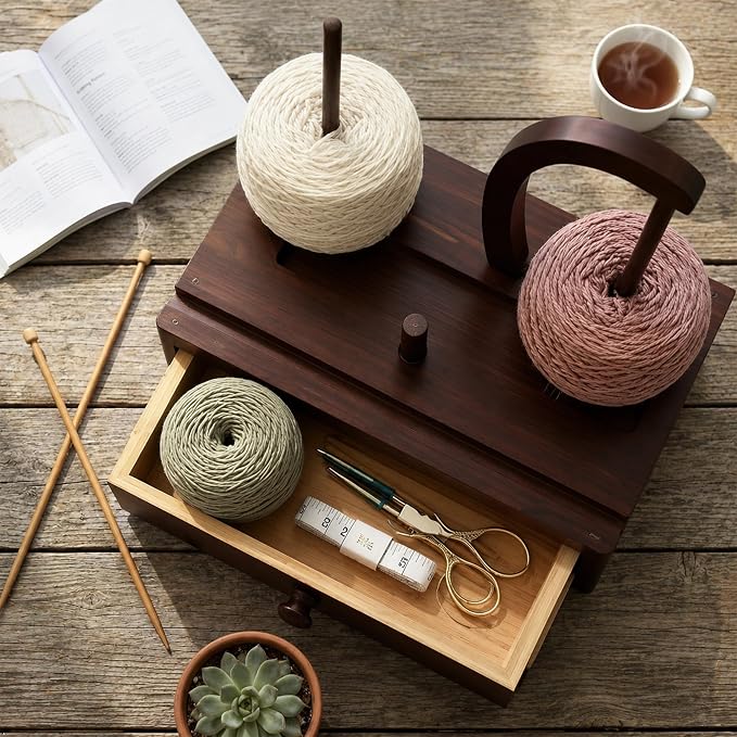 Ojdn hvy Upgrade Yarn Holder for Crocheting, Larger Size Wooden Magnetic Rotating Yarn Spinner with 2 Spindles, Large Storage Box, Perfect Crochet Gift for Knitting Lovers, Women, Mom, Grandma