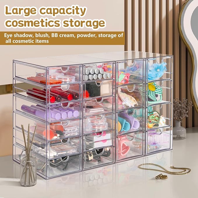 VZKAH Clear Acrylic Desk Organizer with 20 Drawers, 4 Modular Units