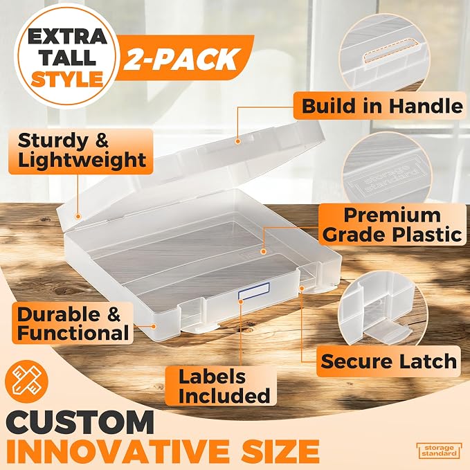 2-Pack Art and Craft Organizers and Storage Case – Thick Tall Transparent Stackable Plastic Craft Storage Containers, Project Organizer Paper Box Fits 8.5 x 11 Inch Papers & More, 12.4 x 10.8 x 3.1 In