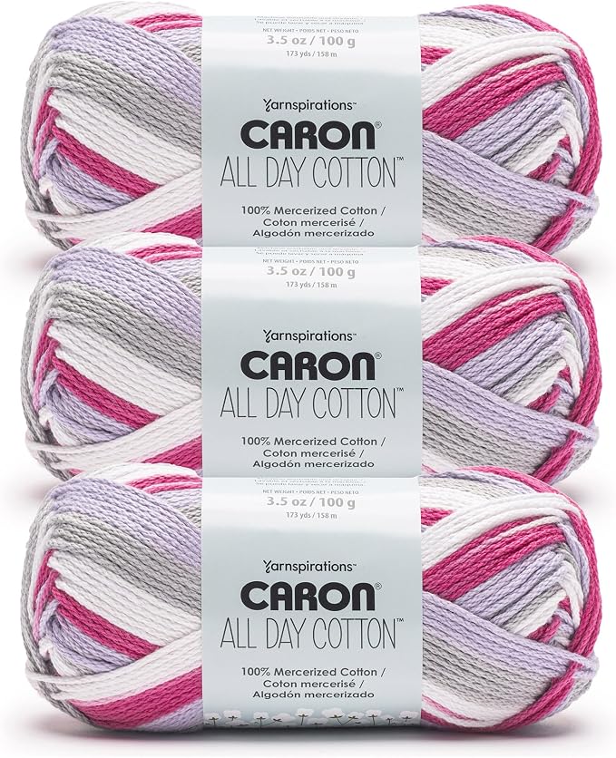Caron All Day Cotton Prints Yarn for Crocheting, Lavender Haze, 3-Pack | #4 Worsted Yarn, 100% Mercerized Cotton, Soft Crochet Yarn for Knitting, Amigurumi & Crafts, 173yds, 100g/3.5oz per skein