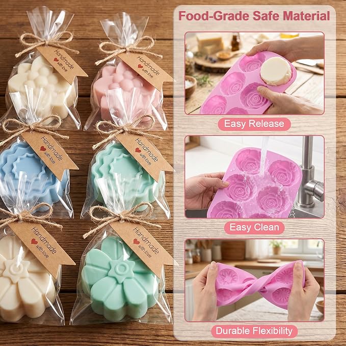 102 Pcs Soap Making Mold Kit - 3 Different Flower Silicone Molds, 48 Bags, 48 Gift Tags, 65ft Jute Twine, 2 Sisal Foaming Soap Bag Pouch for Handmade Craft Soaps, Baking & Ice Cube Trays, DIY Candle