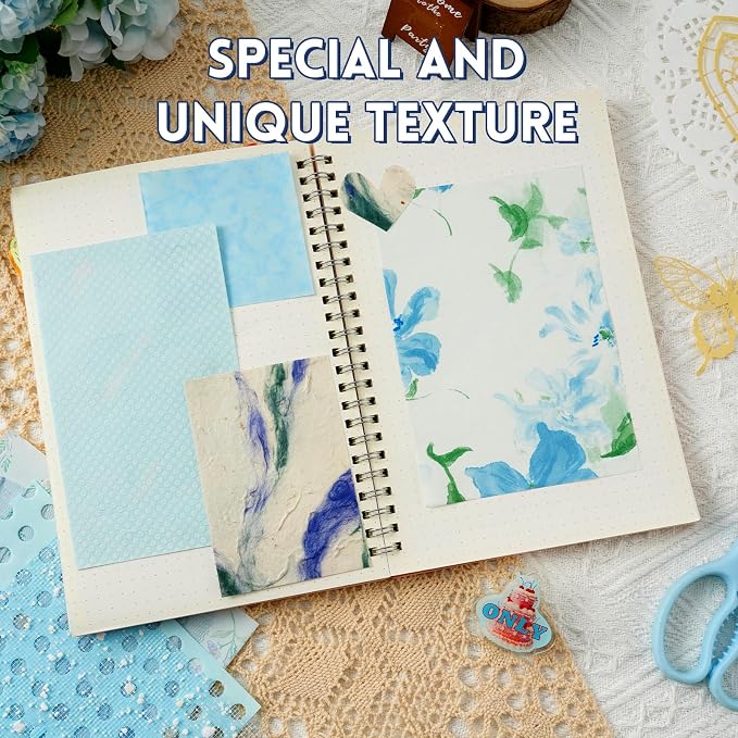 50 Sheets Unique Handmade Textured Scrapbook Paper & Mesh Fabric Set - Junk Journal Supplies Craft Paper for Scrapbooking Journaling Supplies for Junk Journal Retro Crafts（Blue）