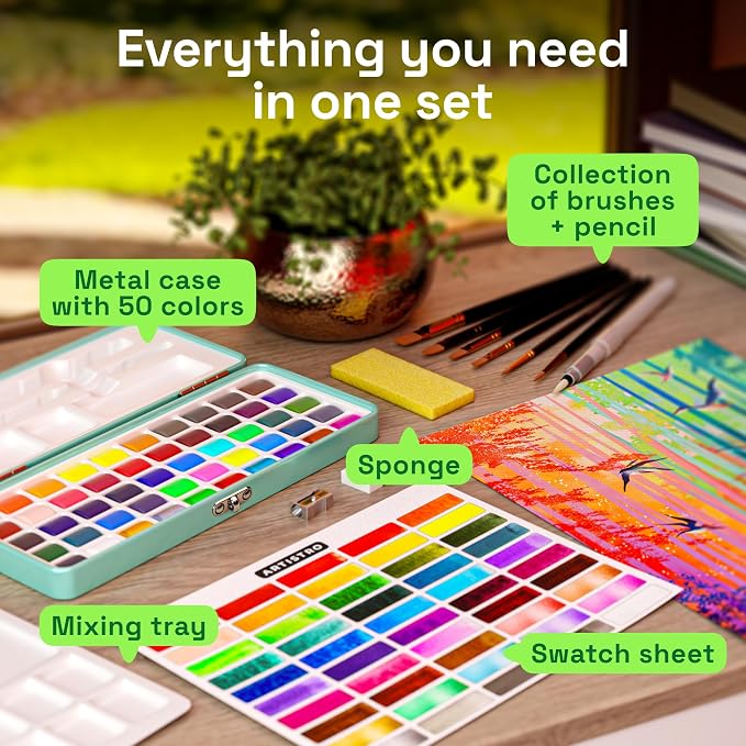ARTISTRO Watercolor Paint Set - Travel Art Kit - 50 Colors | Professional Watercolor Paints - Portable Metal Case - Complete Painting Kit With Set Of Brushes - For Adults, Artists & Kids