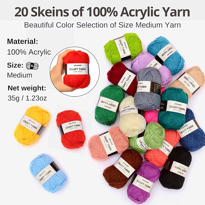 Piccassio Crochet Kit for Beginners – Complete Starter Set for Adults & Teens with 20 Yarn Colors, Hooks, Book & Organizer Bag – Learn to Make Amigurumi, Plushies & Handmade Gifts
