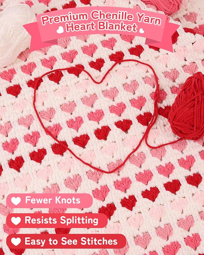 Arborthread Blanket Crochet Kit for Beginners, Crochet Heart Blanket Kit with Soft Chenille Yarns, Detailed Video & Instructions for Adults & Kids – Featuring a Heart Pattern & Edging, Pink
