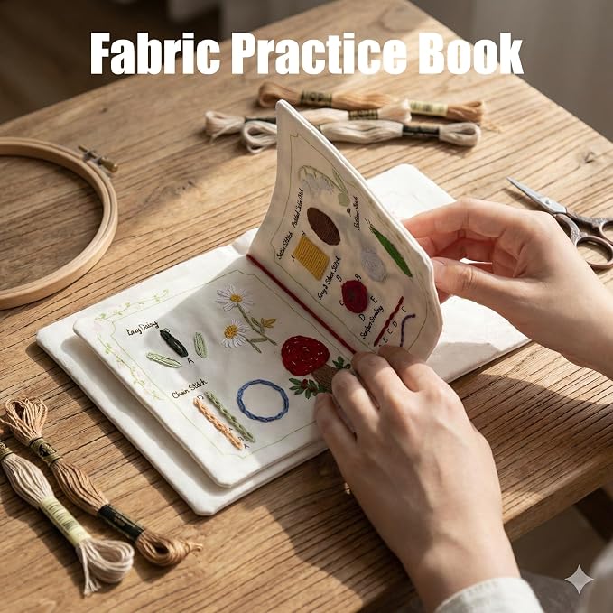 TenDawn Embroidery Stitch Book Kit, 12 Stitches, Basic Set | Fabric Practice Book, Embroidery Kit for Beginners, Easy Entry Sewing Set