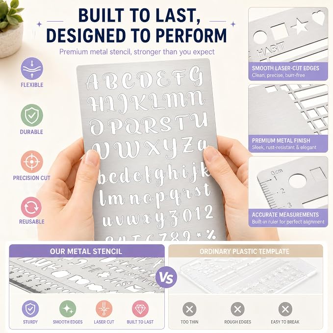 10Pcs Metal Planning Stencils, Bullet Journal Stencil, Ruler Stencil for Journaling with Case – Bullet Journal Weekly/Monthly Planning, Daily Task Tracker, Drawing Straight Lines