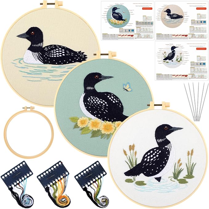 Mindsoft 3 Set Needlepoint Kit for Beginners with Hoop,Loon | Bamboo Hoop Thread Needles Instructions, Easy Hand Embroidery for Beginners Home Crafts,Pre-stamped Funny Cute Designs