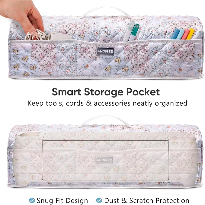 AMOIGEE Dust Cover for Cricuttt Maker 4 & Explore 4/3, Maker 3, Air 2, Quilted Protective Cover with Storage Pockets for Cutting Machine, Floral Fabric Anti-Dust Cover for Craft Machine Organizer