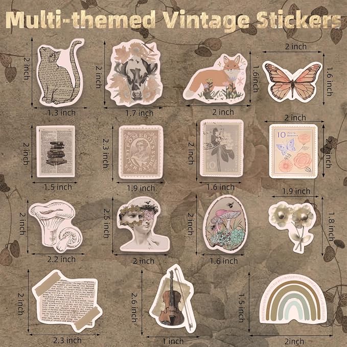 EOAOD 200 Vintage Aesthetic Stickers for Scrapbooks and Water Bottles | Waterproof Vinyl Decals for Notebooks, Junk Journals and DIY Crafts, Perfect for Kids, Teenagers and Adults