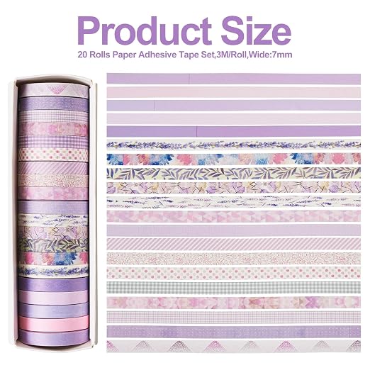 20 Rolls Scrapbook Tape 7 mm Cute Decorative Tape Set Floral Tape Pack Purple Aesthetic Colored Tape Rolls Stickers for Crafts DIY Scrapbook Bible Study Journaling Planner Supplies