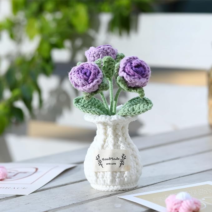 Crochet Rose Flower Potted Plant – Purple, Valentines Day Gift for Her, Handmade Knitted Romantic Desk Decor