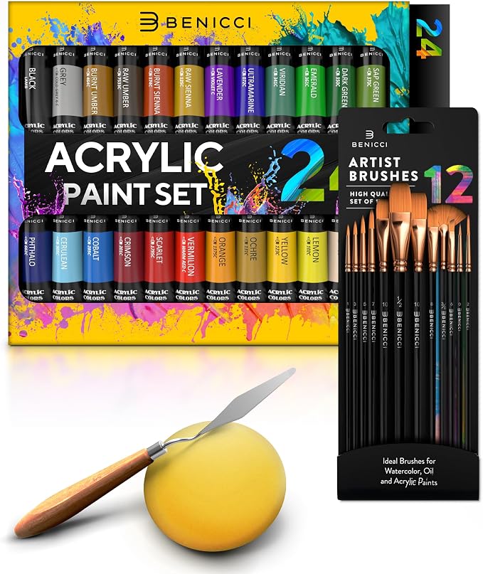 Complete Acrylic Paint Set – 24х Rich Pigment Colors – 12x Art Brushes with Bonus Paint Art Knife & Sponge – for Painting Canvas, Clay, Ceramic & Crafts, Non-Toxic & Quick Dry – for Kids & Adults