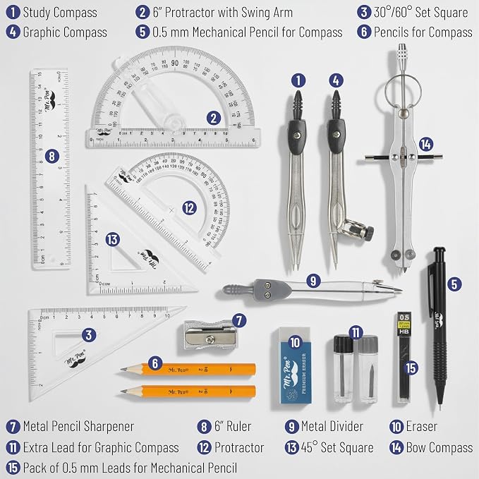 Mr. Pen- Geometry Set, 15 Piece Set with 6 Inch Swing Arm Protractor | IncludesMetal Divider, Set Squares, Ruler, Compasses for Math for Drafting & School Supplies