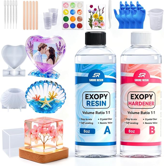 SHORE RESIN Complete Resin Craft Kit for Adults and Beginners | Complete resin craft kit with 16 oz epoxy, 5 molds, glitter, dried flowers and tools for adults, beginners and DIY projects.