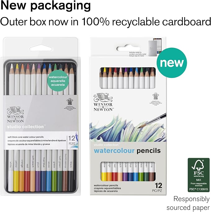 Winsor & Newton Studio Collection, Watercolor Pencils, Set of 12 | Highly pigmented, Wax-Based, Can be Used Wet/Dry, Add Water & Brush to Create Painterly Effects, Break-Resistant Points.