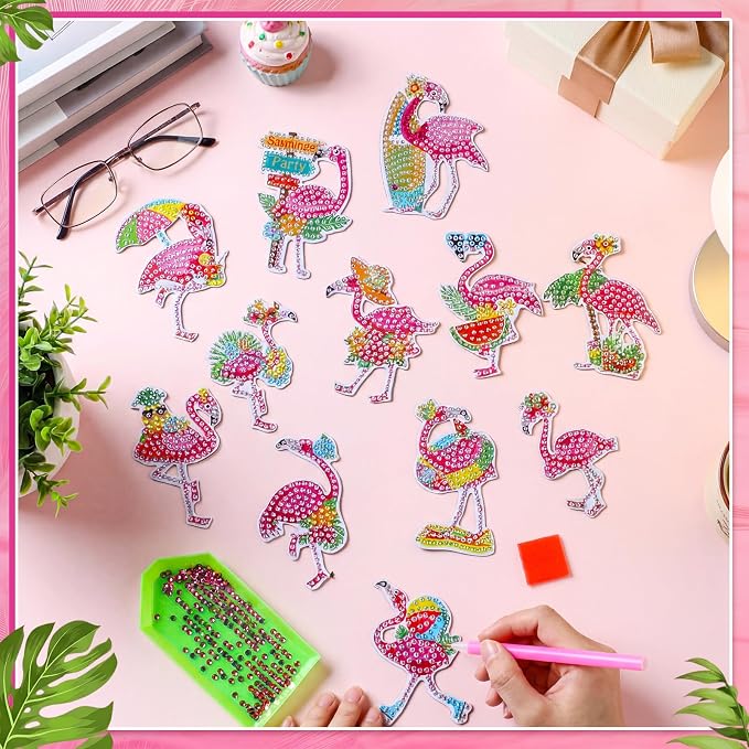 Zonon 12 Pcs Summer Flamingo Diamond Art Magnets DIY Fridge Decor | Beach Tropical Theme with Colorful Rhinestones, Hawaiian Party Sign, Magnetic for Refrigerator Cabinets Lockers Decor
