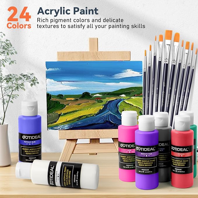 GOTIDEAL Acrylic Paint Set, 24 Colors (100ml, 3.4 oz), with Paint Brushes | Paint Kit, Perfect for Artist, Beginner, Ideal for Wood, Canvas, Rocks, Craft Painting Supplies