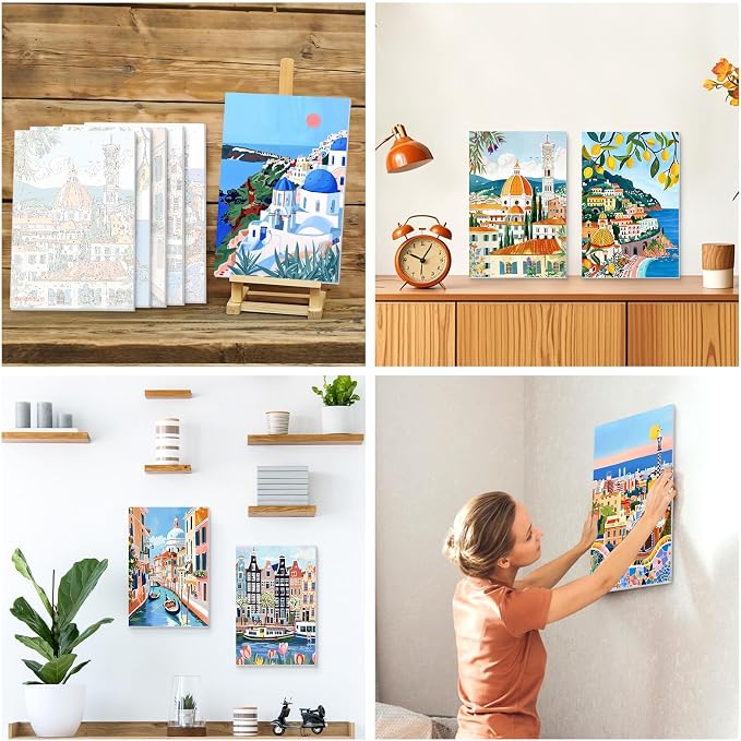 KEYIFA 6 Pack Paint by Numbers Kit, Stretched Canvas Boards for Painting for Adults, No Crease Acrylic Oil Painting for Students Beginners Favor Sip & Paint Party Supplies, Scenery-Cityscape (8x12)