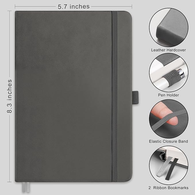 RETTACY Graph Grid Paper Notebook, 192 Pages, A5 Size (5.7'' x 8.3'') | 5 Squares per Inch, Leather Hardcover, 100 GSM Thick Paper, for School, Students, Math, Engineering (Gray)