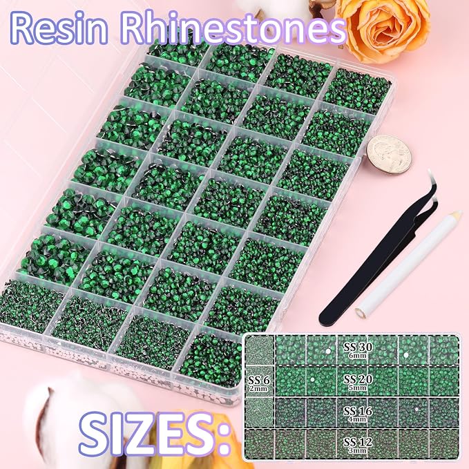30000Pcs Resin Rhinestones for Bedazzling with Tweezers, Emerald Green Rhinestones for Crafting with 3Pcs 10ml B7000 Jewelry Glue for DIY Crafts Clothing Tumblers Shoes Fabric Nail Art