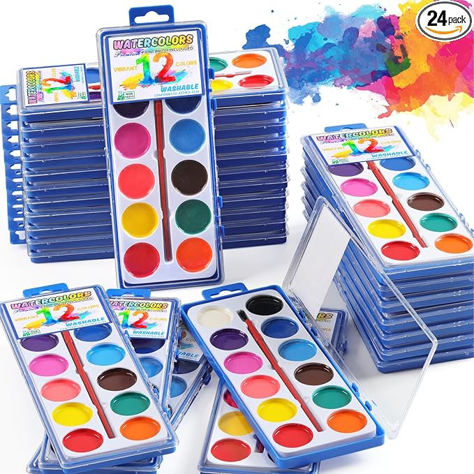 24 Packs Watercolor Paint Set Bulk, 12 Vibrant Colors Washable Watercolors with Brushes for Kids, Art Activities Painting Supplies for School Classroom Home