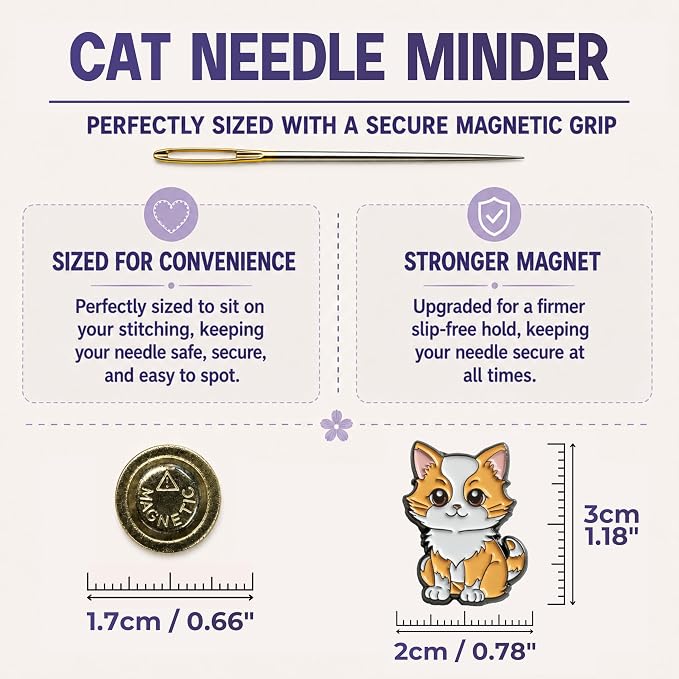 The Quilted Bear Magnetic Needle Minder, Cat | Enamel Needle Keeper for Embroidery & Cross Stitch, Secure Holder for Sewing Needles & Pins, Strong Magnet, Sewing Accessory