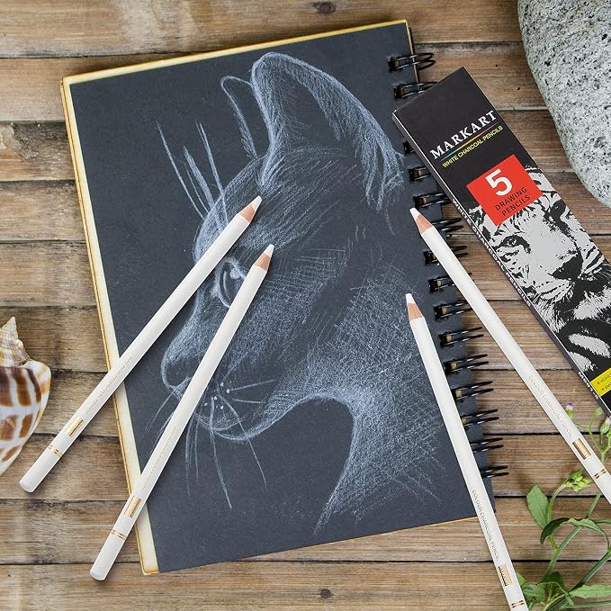 MARKART Professional White Charcoal Pencils Set, 5 Pieces | Sketch Highlight Charcoal Pencils for Drawing, Sketching, Shading, Blending, White Chalk Pencils for Beginners & Artists
