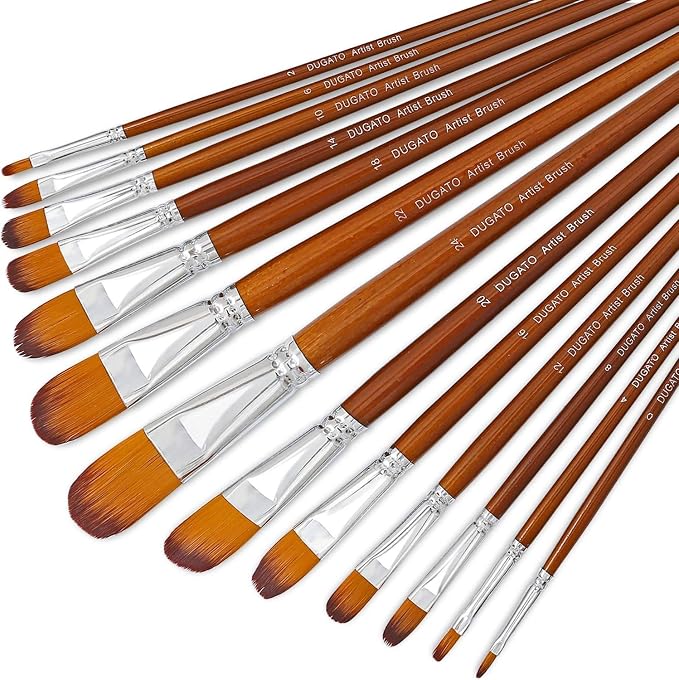 DUGATO Filbert Paint Brush Set, 13-Piece Long Wood Handle with Nylon Hair | 13 Artist Brushes for Acrylic Oil Painting, Soft Anti-Shedding Bristle, Assorted Sizes #0 to #24 for Canvas Blending
