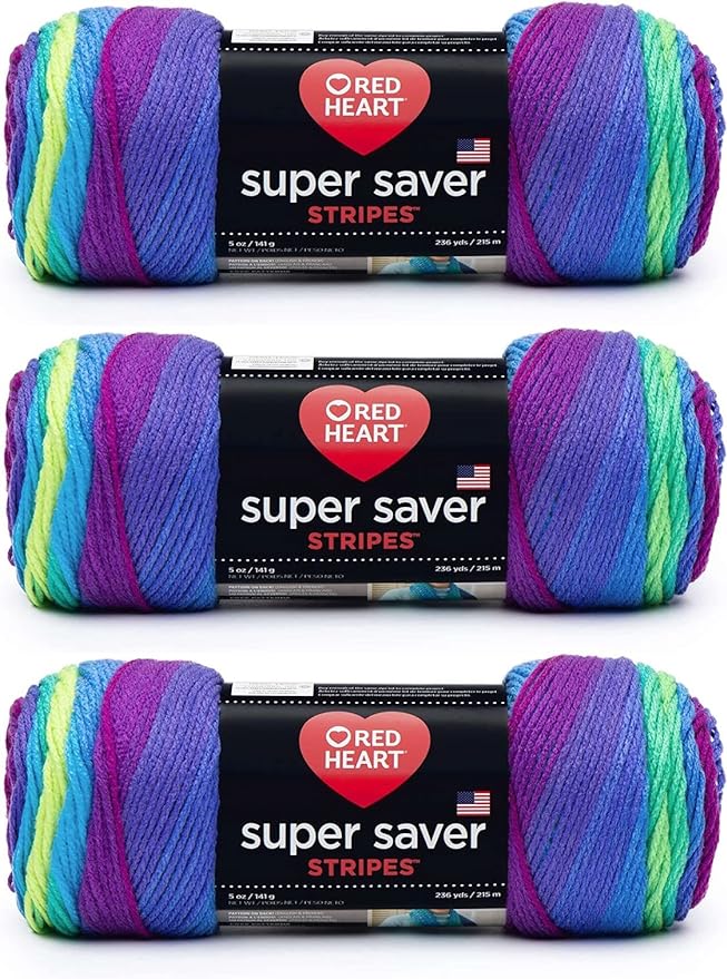 Red Heart Super Saver Yarn for Crocheting & Knitting, Parrot Stripe, 3-Pack | #4 Medium Worsted Weight Acrylic Soft Yarn for Blankets, Beanies, Amigurumi, and Beginner Projects, 236 yards, 141g/5oz
