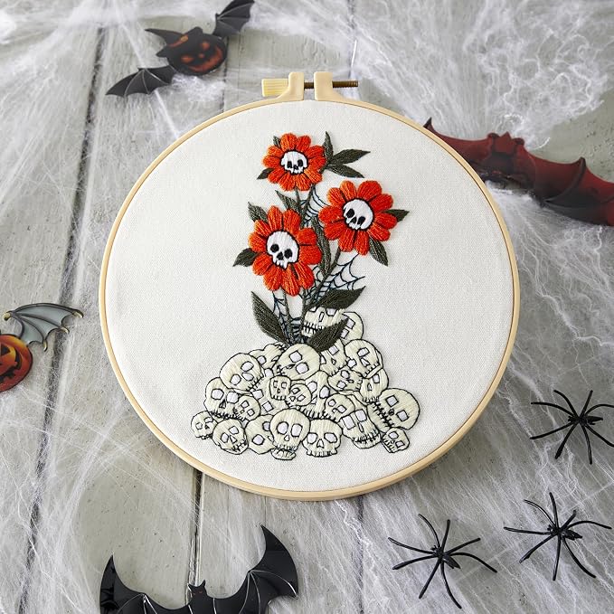 Crafmanoe Halloween Embroidery Starter Kit for Beginners Adults, Skull Flowers Stamped Cross Stitch Kits for Beginners Adults, Gothic Hand Embroidery Needlepoint Kits, Hoops, Fabric and Video Tutorial