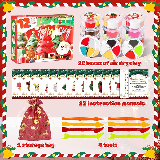 MuseLuxe Air Dry Clay - 12 Boxes Christmas Modeling Clay Kit | 8 Sculpting Tools,Safe & Non-Toxic,DIY Magic Gifts Toys for Boys,Girls,Kids
