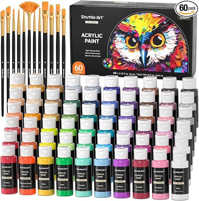 72 Pack Acrylic Paint Set, Shuttle Art 60 Colors Acrylic Paint Including Extra White Black & 12 Brushes, 2oz/60ml, Rich Pigmented, Water Proof, Ideal for Artists, Beginners on Canvas Rock Wood Ceramic