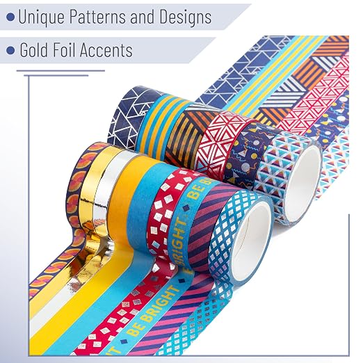 Mr. Pen- Washi Tape Set, 15 Rolls, Assorted Sizes, Metallic Foil | 5 Yards/Roll, Washi Tape for Scrapbook, Arts, Crafts, Journals and Planners, Geometric Groove