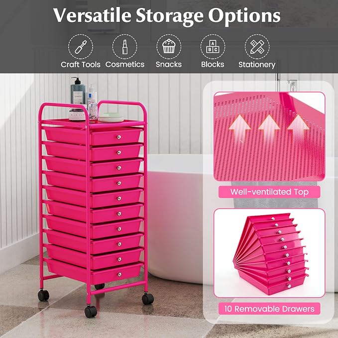 COSTWAY 10-Drawer Rolling Storage Cart, Utility Mobile Trolley