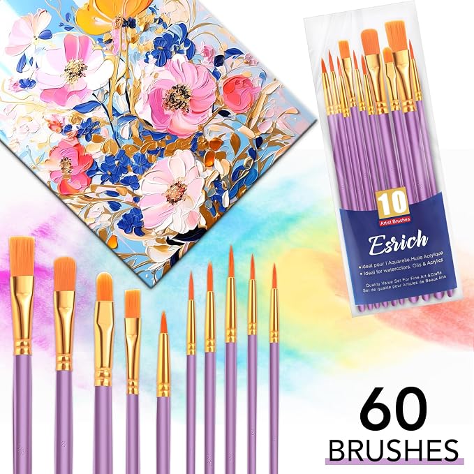 ESRICH 60PCS Paint Brushes, Paint Brush for Acrylic Painting | Artist Paintbrushes for Oil Watercolor, Body Face Rock Canvas, Small Paint Brushes for Kids,Purple