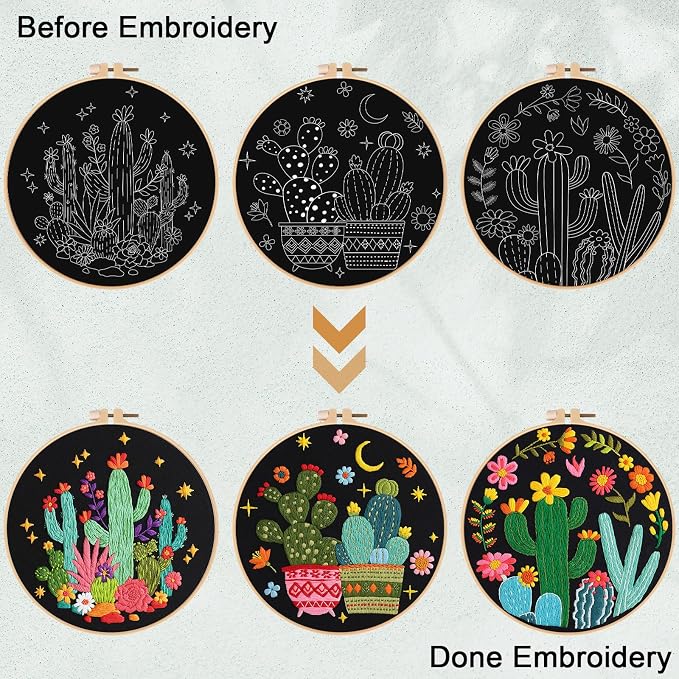 Nuberlic 3 Pack Embroidery Kit for Beginners with Cactus Pattern