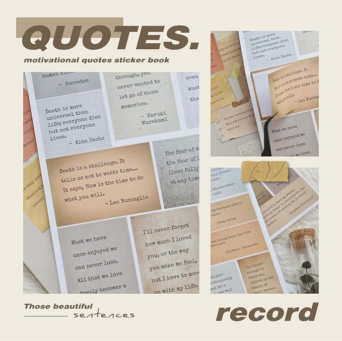 Prstincol 24 Sheets Vintage Motivational Quote Stickers Pad wtih Tweezer,246 Pcs Inspirational Typewriter Font Quotes Pad,Word Stickers for Scrapbook Junk Journal Bullet Journal DIY Craft Card Making
