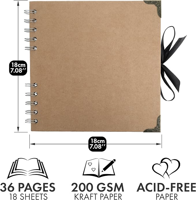 Scrapbook Album, 36 Pages, 7 x 7 Inch, Brown Photo Album, Scrap Book | Hardcover with Thick 200 GSM Kraft Paper, Ideal for Your Scrapbooking Albums, Art & Craft Projects (Brown, 7 x 7 Inch)