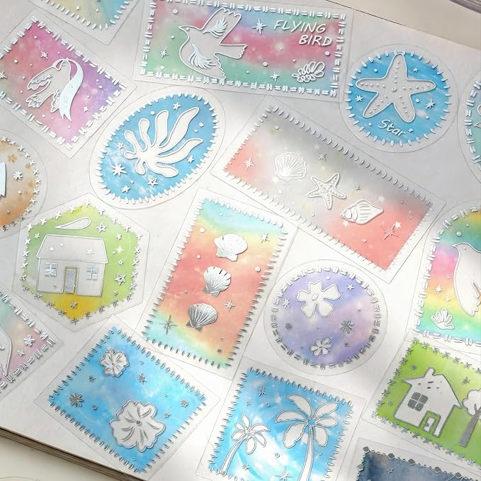 Doukado 80 Pcs Silver Foil PET Stickers, Watercolor Aesthetic Decals Set