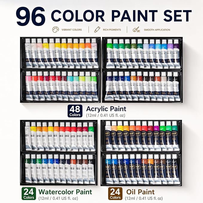 DJAR 174 Pcs All-in-One Art Painting Set with Beech Wood Easel | Complete Professional Artist Supply Kit with 48 Acrylic, 24 Oil & 24 Watercolor Paints for Adults, Teens, and Beginners