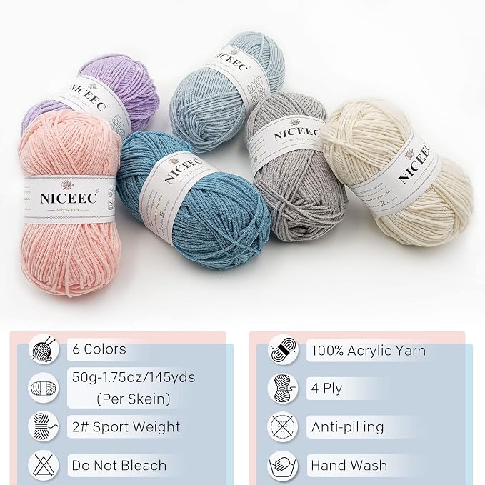 NICEEC 300g Soft Assorted Colors Yarn 100% Acrylic 870yds -Series 9