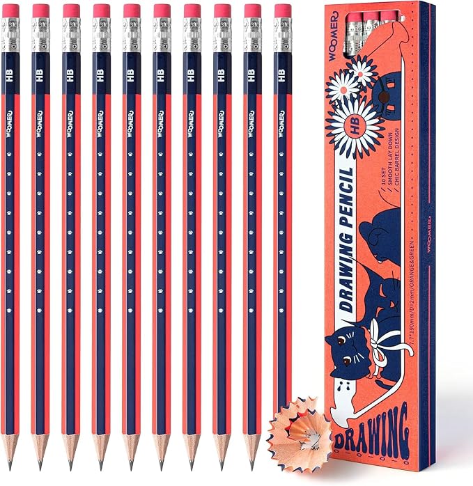 Woomer Premium HB Pencils Set, High-concentration Carbon Core HB Pencil 10 Count, Pre-sharpened with Eraser, Break Resistant Sketching Pencils for Artist, School, Office, Beginners & Artists
