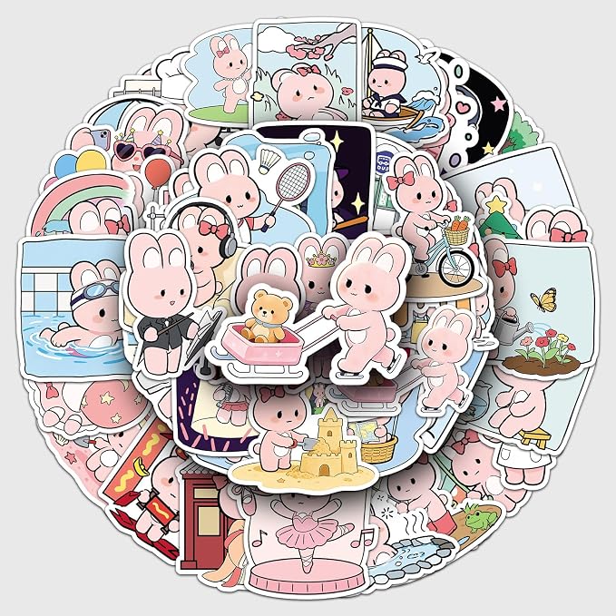 51PCS Cute Pink Bunny Stickers for Water Bottles, Aesthetic Cartoon Rabbit Vinyl Waterproof Stickers for Laptop, Journal, Phone, Scrapbook Teens Adults Decorative Size 1.78-2.35 Inch(Cute Pink Bunny)