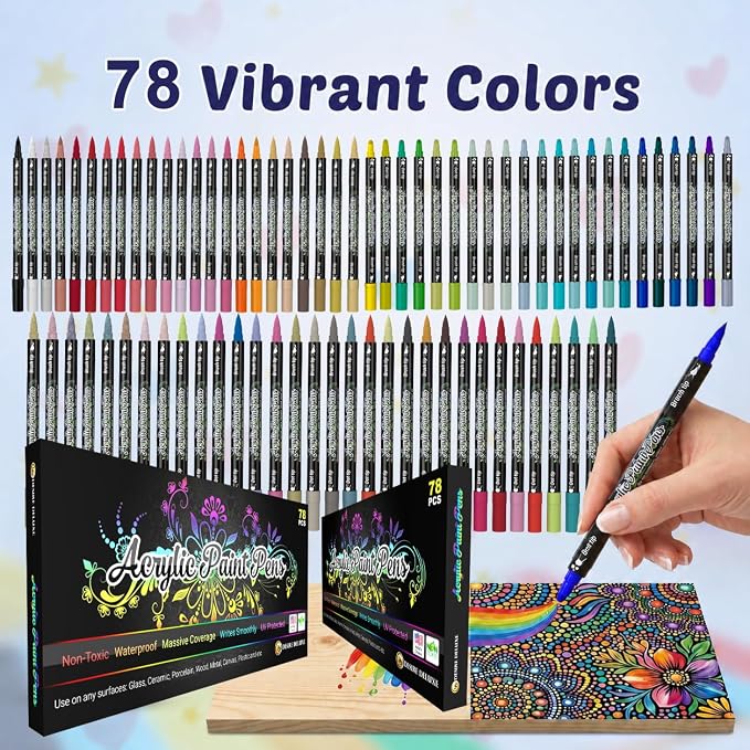 Desire Deluxe Acrylic Paint Pens for Rock Painting, Stone, Ceramic, Glass, Wood, Canvas – Set of 78 Non Toxic Water Based Markers - Great Artists Painting Supplies (Dual Tip Multicolor, 78)